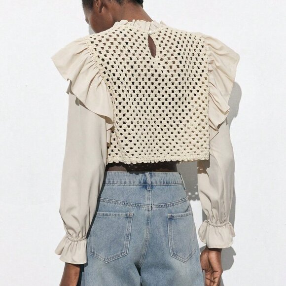 Khaki Casual Women's Apricot Hollow Hook Flower Splicing Ruffles Top - Picture 6 of 7